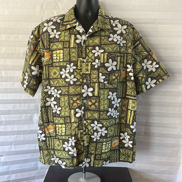 Rusty Men’s Vintage Hawaiian Shirt Green White Print Size XL Casual Button Down - Picture 1 of 5
